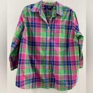 Women’s Chap by Ralph Lauren 3/4 Button Down Plaid Shirt in 1X. No Iron